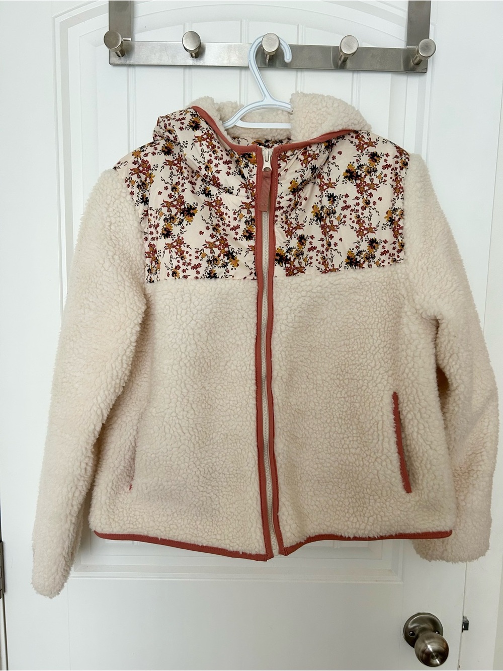 Cream hooded fleece Zip Jacket with Floral Yoke
